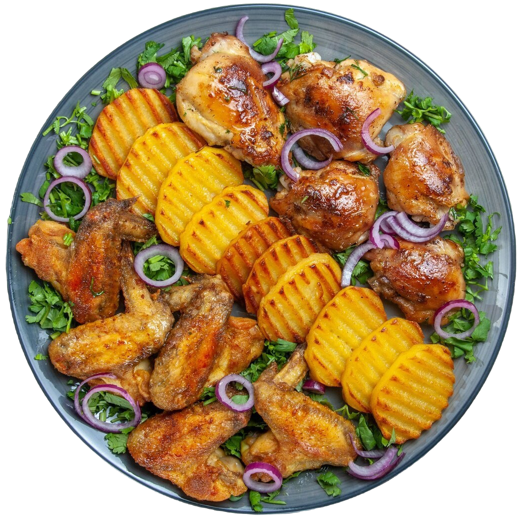 top view chicken wings chicken wings fried potatoes onion herbs table 1